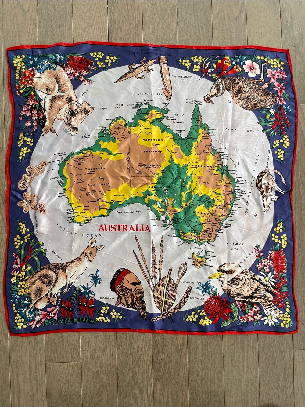 Heil Rev Design 64260 Australian Aboriginal Art Map & Wildlife Silk Scarf 1970’s